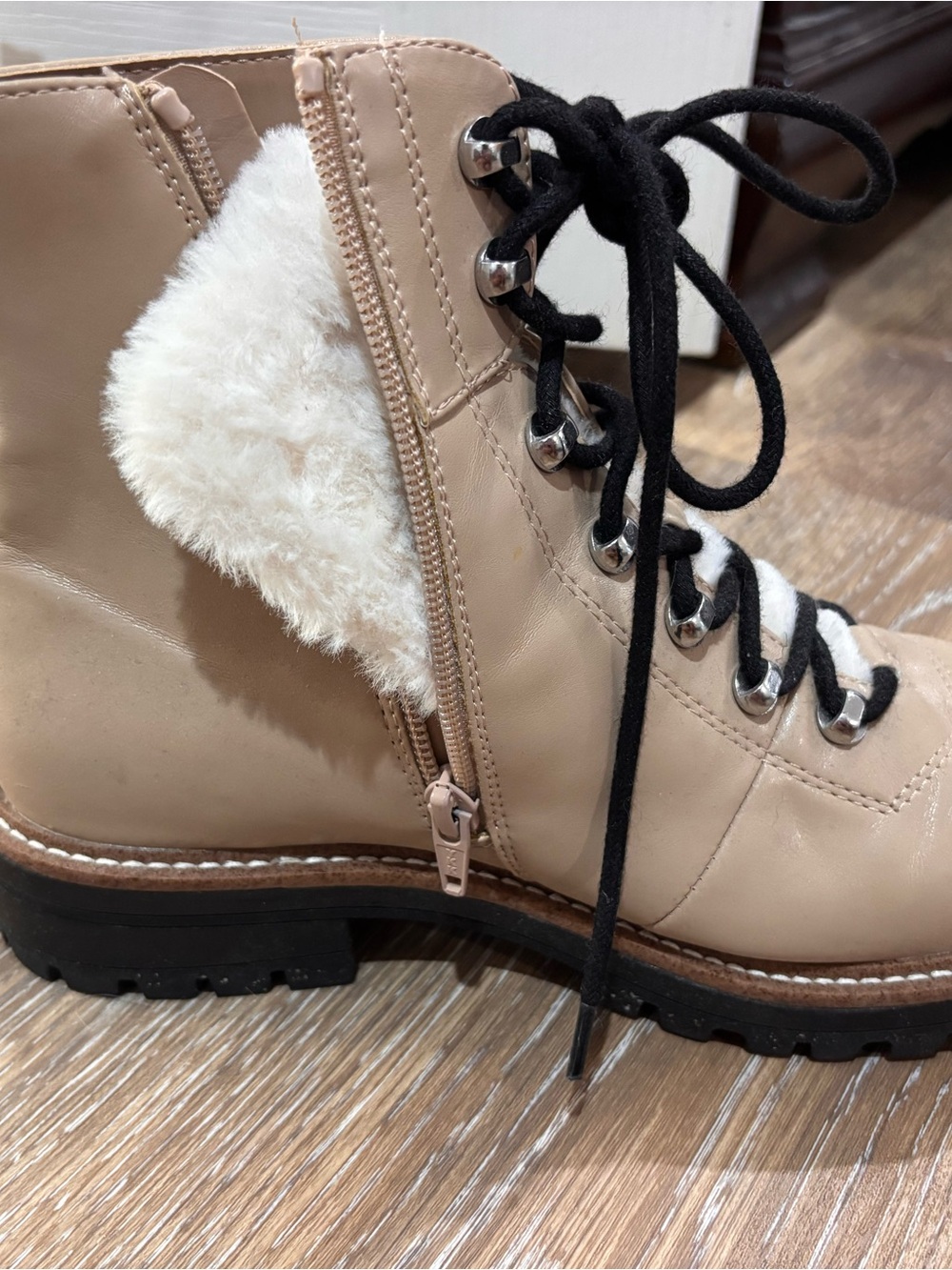 Target Tan Lace-Up Faux-Shearling Ankle Boots with Black Laces